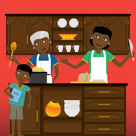 A boy holding a book and two women cooking in a kitchen.