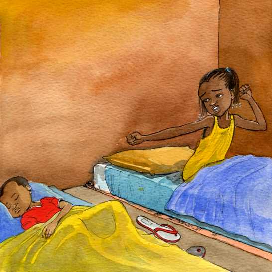 A boy sleeping in his bed and a girl sitting up in her bed stretching.