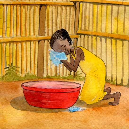 A girl leaning over a bucket washing her face.