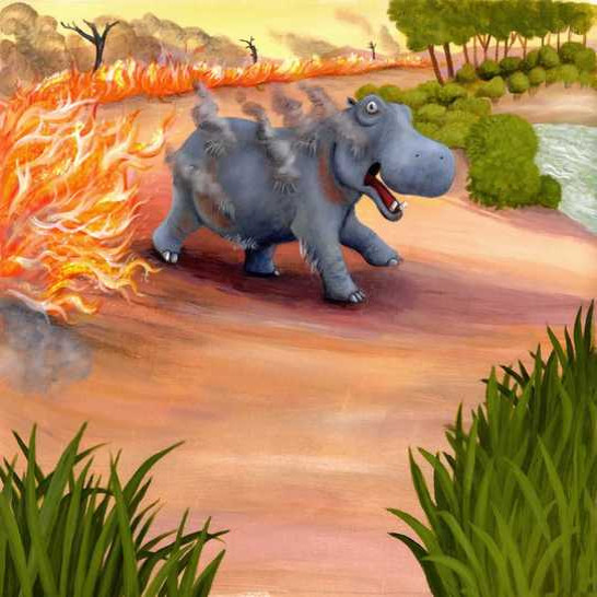 A hippo running away from fire.