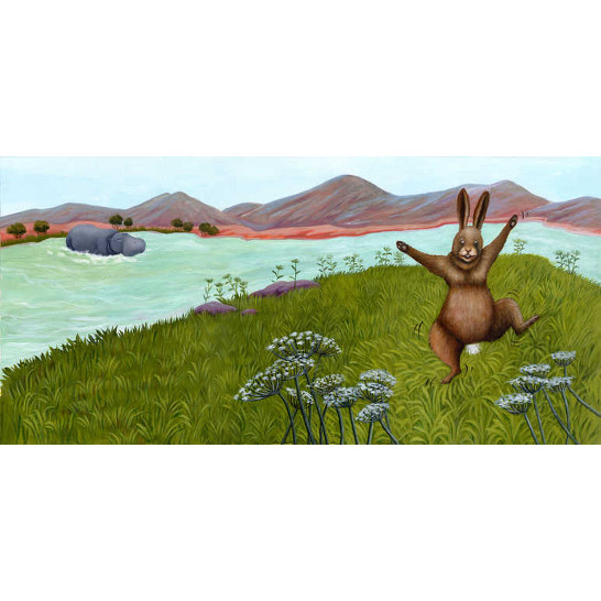 A rabbit jumping by the riverside.
