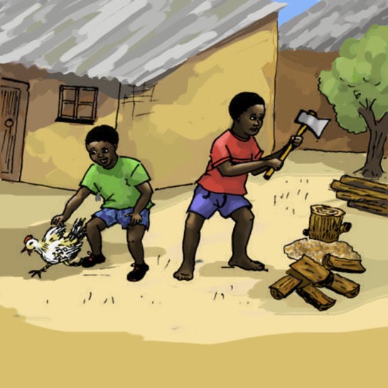 A boy chopping wood and a boy chasing a chicken.