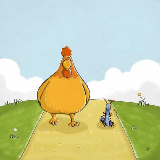 A chicken and a millipede walking along a road.