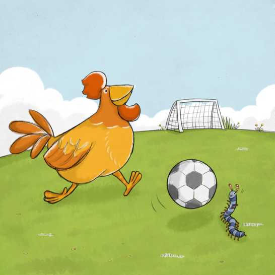 A chicken and a millipede playing football.