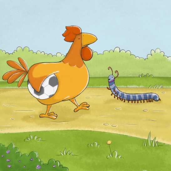 A chicken walking with a ball under its arm talking to a millipede.