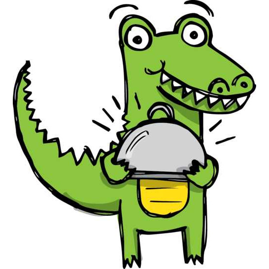A crocodile holding a tray of food.