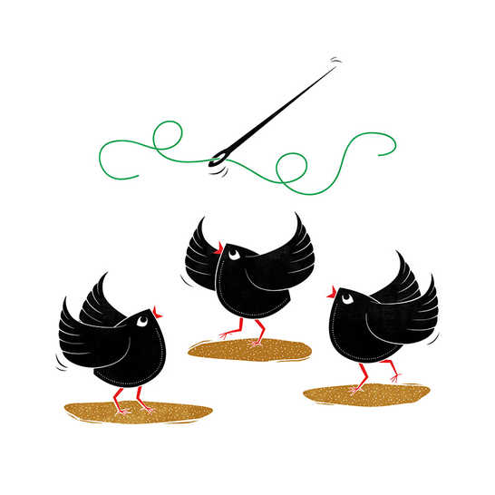 Three birds looking at a needle.