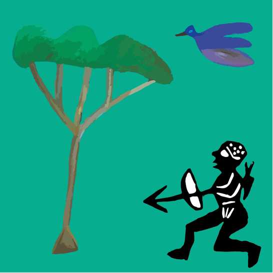 A hunter with a bow and arrow, and a bird flying near a tree.