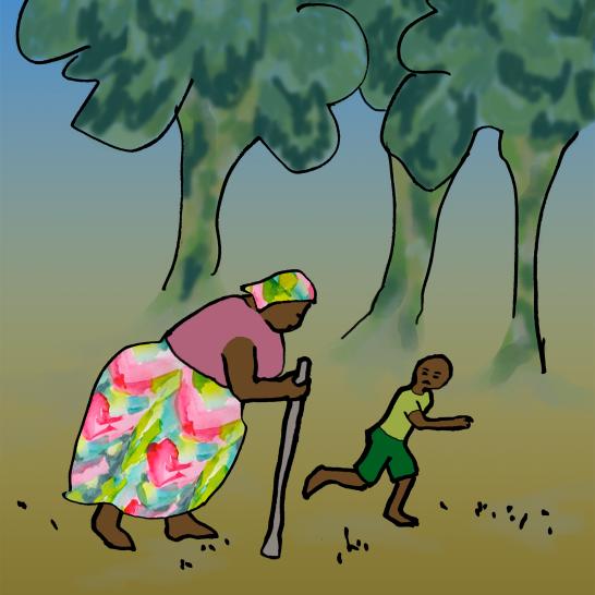 A woman and a boy running through a forest.
