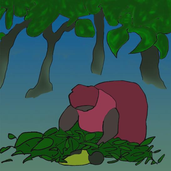 A woman hiding a boy under leaves in a dark forest.