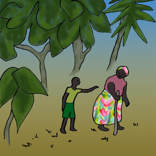 A woman and a boy walking out of the forest.