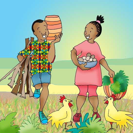 A boy fetching water and firewood and a girl carrying eggs and a basket of vegetables.