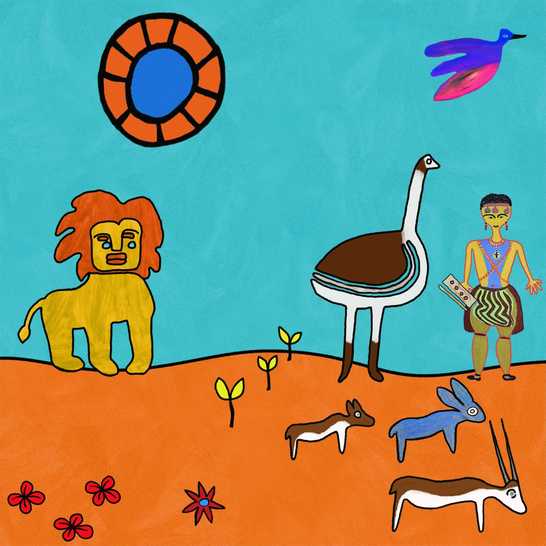 A person holding fire sticks surrounded by animals, and a lion looking at them.