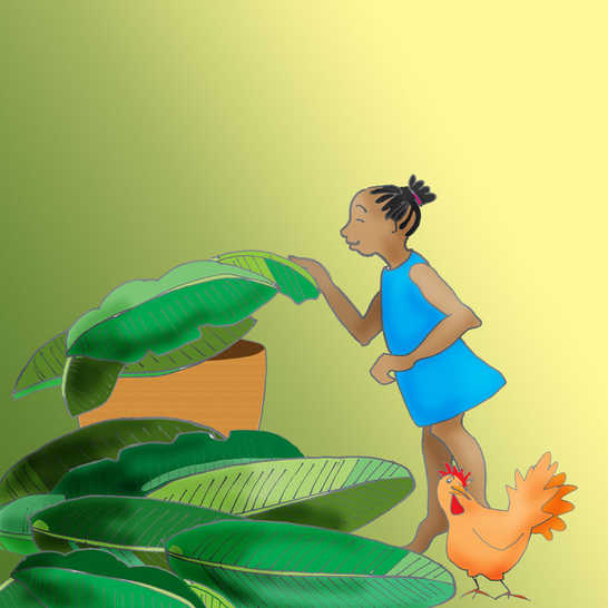 A girl holding and smelling a big banana leaf and a basket near her.