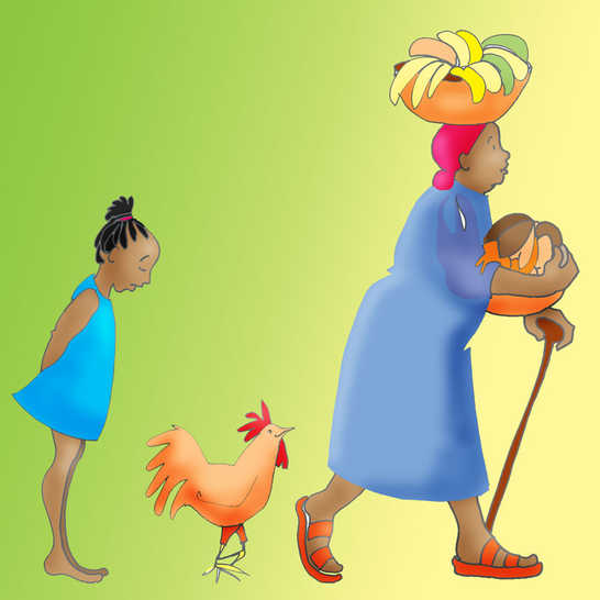 A woman walking with a basket of fruit on her head and a girl standing behind her looking sad.