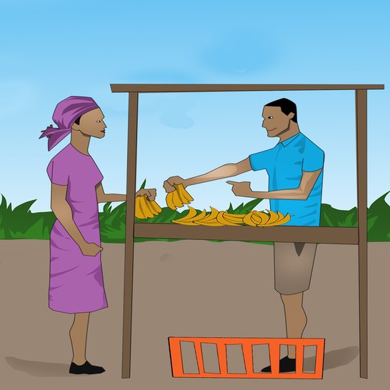 A woman holding a bunch of bananas and a man standing at a banana stall passing her bananas.