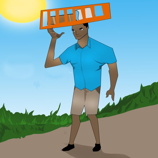 A man carrying a tray on his head.