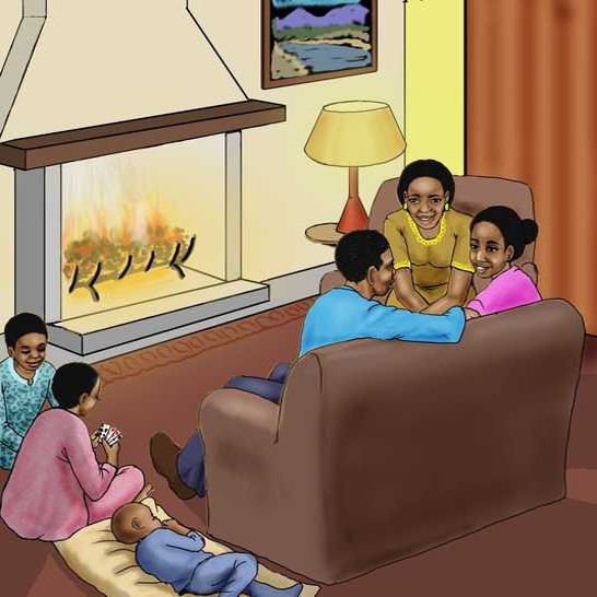 A family chatting in their lounge with the fire lit.