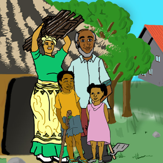 A man, a woman, a boy and a girl standing outside a hut and some trees.