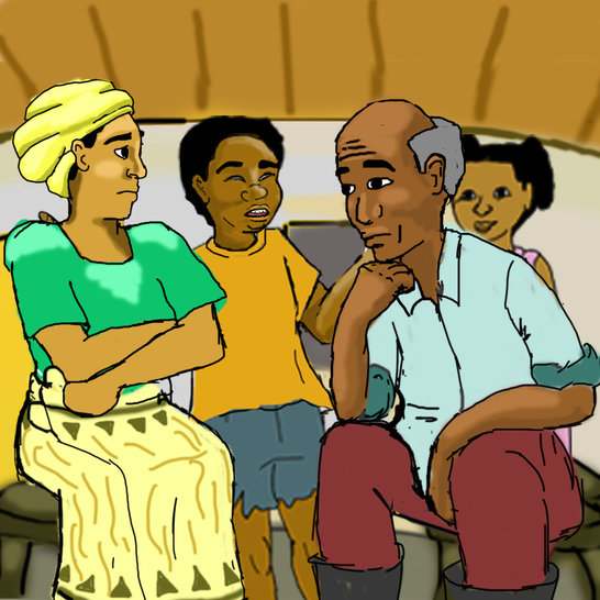 A boy talking to a woman with her arms crossed and a man.