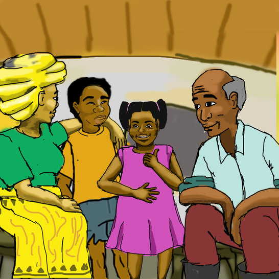 A girl with her hand on her tummy talking to a man, a woman and a boy.