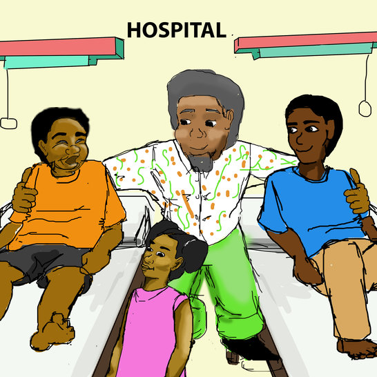 A man standing between two boys in hospital beds and a girl standing in front of him.
