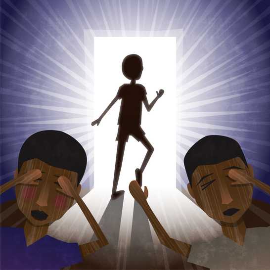 A boy walking through a bright doorway and two boys covering their eyes.