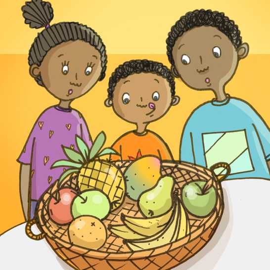 A girl and two boys looking at a basket of fruit.
