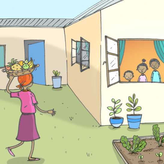 A woman carrying a basket of fruit on her head and three children watching her from a house.