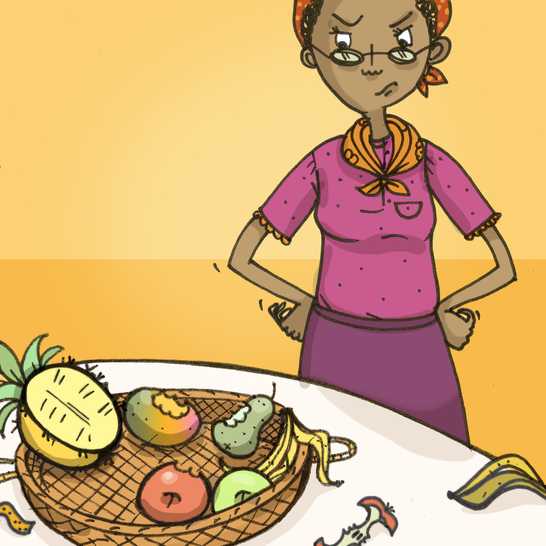 An angry-looking woman standing in front of a half-eaten fruit basket.