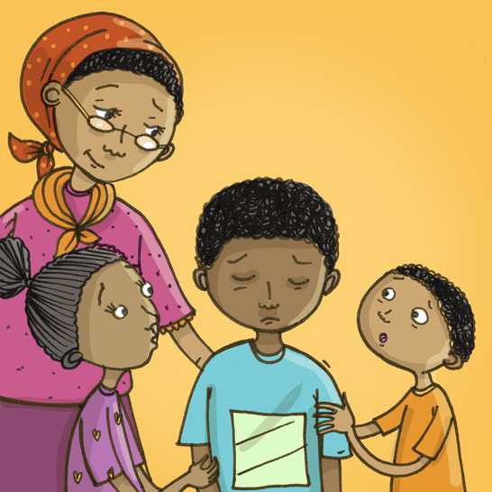 A woman, a boy and a girl putting their arms around another boy.