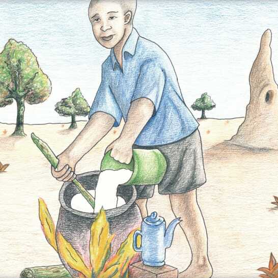A boy making porridge in a big pot over a fire. 