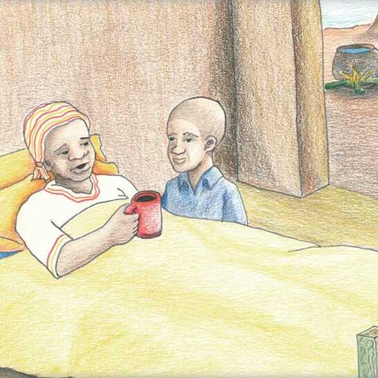 A woman in bed holding a drink and a boy sitting next to her. 