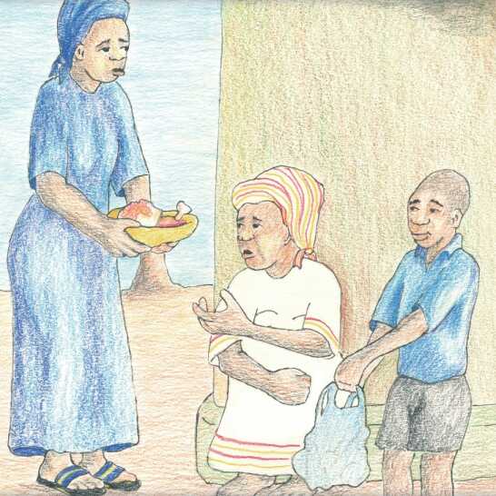 A woman giving another woman a bowl of food and a boy holding a bag. 