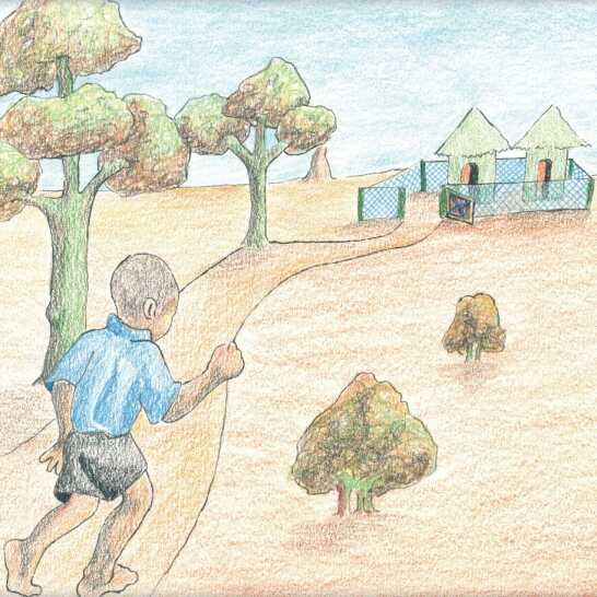 A boy running to a homestead. 