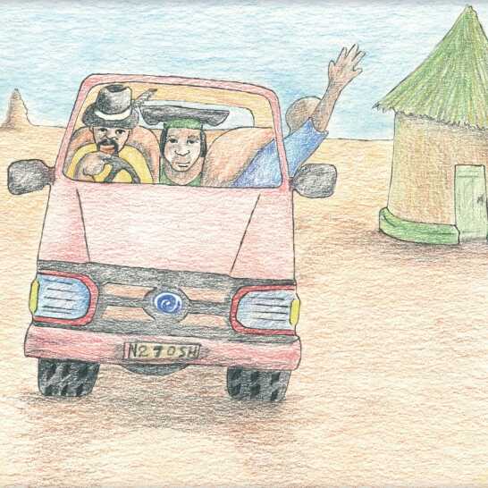 A car with a man, woman, and a boy waving goodbye to a hut.