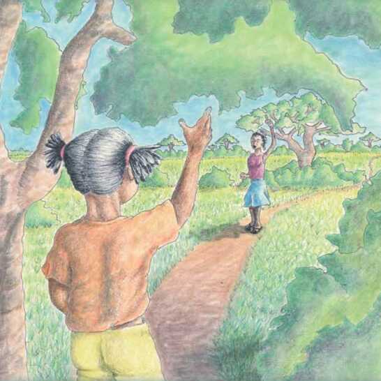 A girl waving to another girl at a distance.
