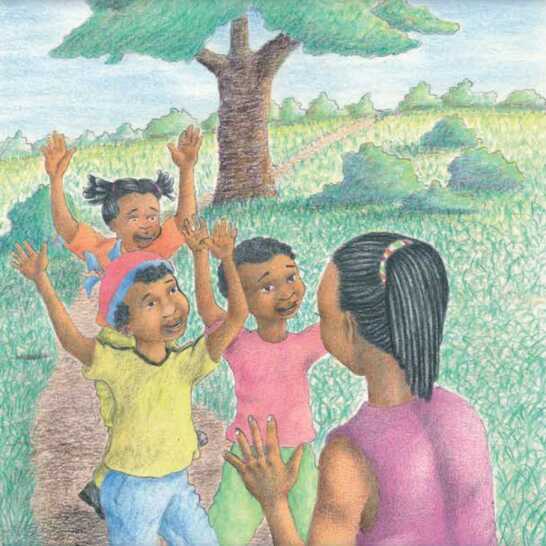 A woman standing next to three children with their hands up.