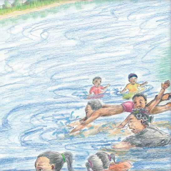 Children jumping in a river.