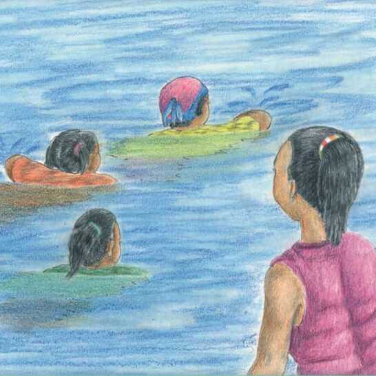 A woman watching children swimming in a river.
