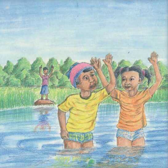 Two children with their hands up, in a river.