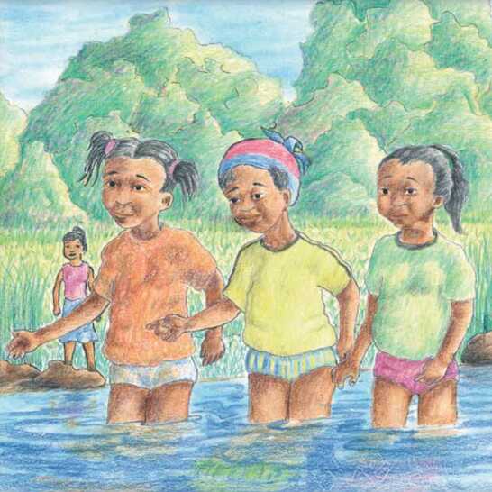 Children standing in a line, in a river.