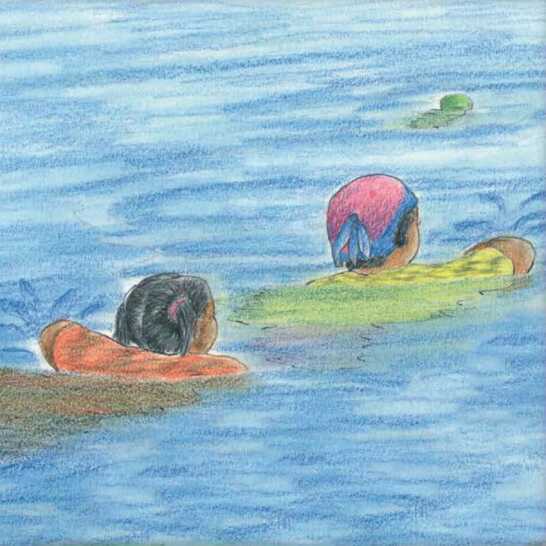 Children swimming in a river.