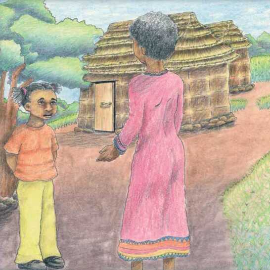 A girl talking with a woman near a hut.