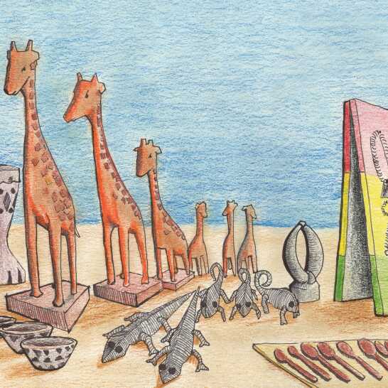 Handmade crafts including wooden giraffes and lizards.