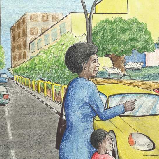 A woman and a boy crossing a street.