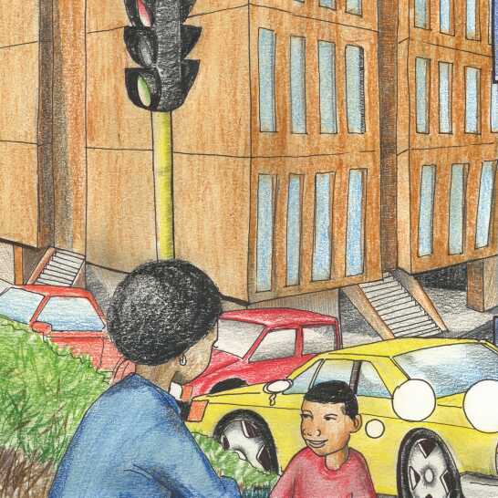 A woman and a boy talking on a street next to traffic lights.