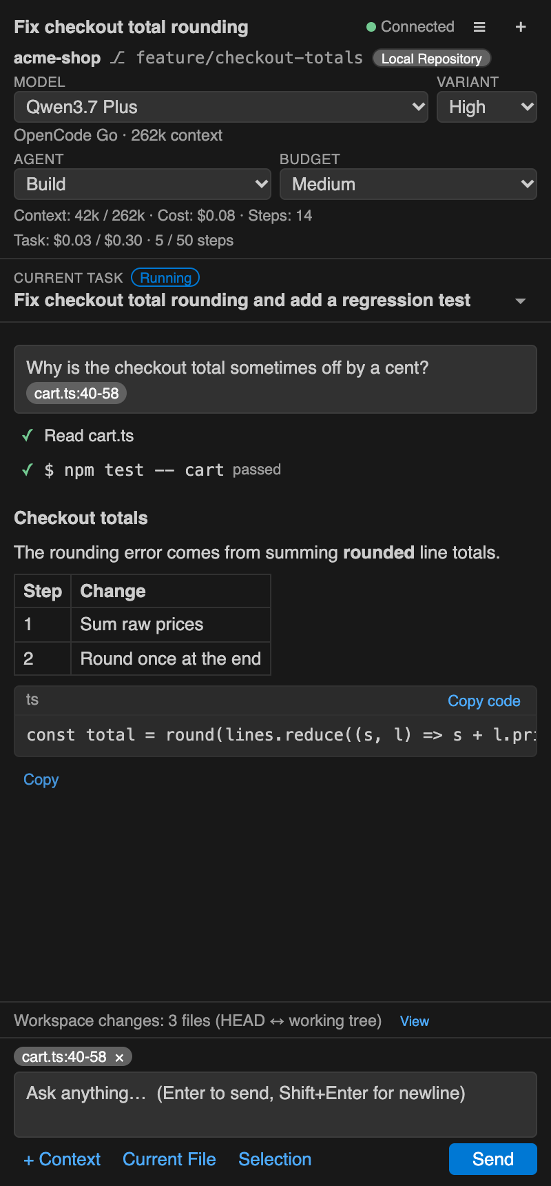 OpenCode Chat Sidebar: chat beside the editor with model, variant, agent and Budget Guard selectors, the Current Task bar, tool activity, and Copy / Copy code