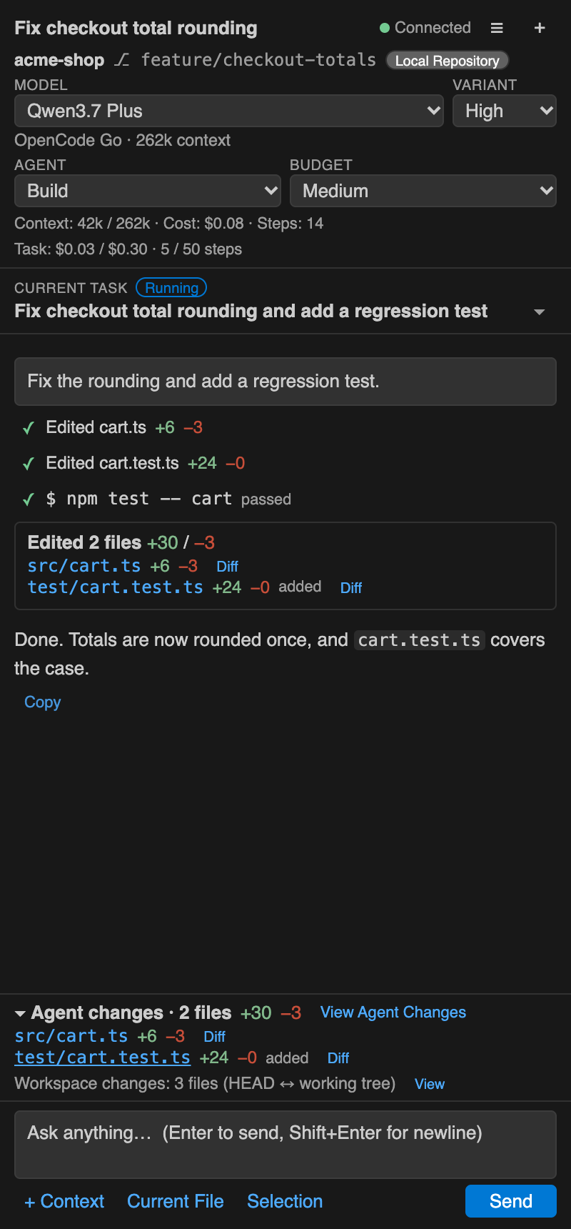 Agent changes from OpenCode session snapshots, separate from workspace changes