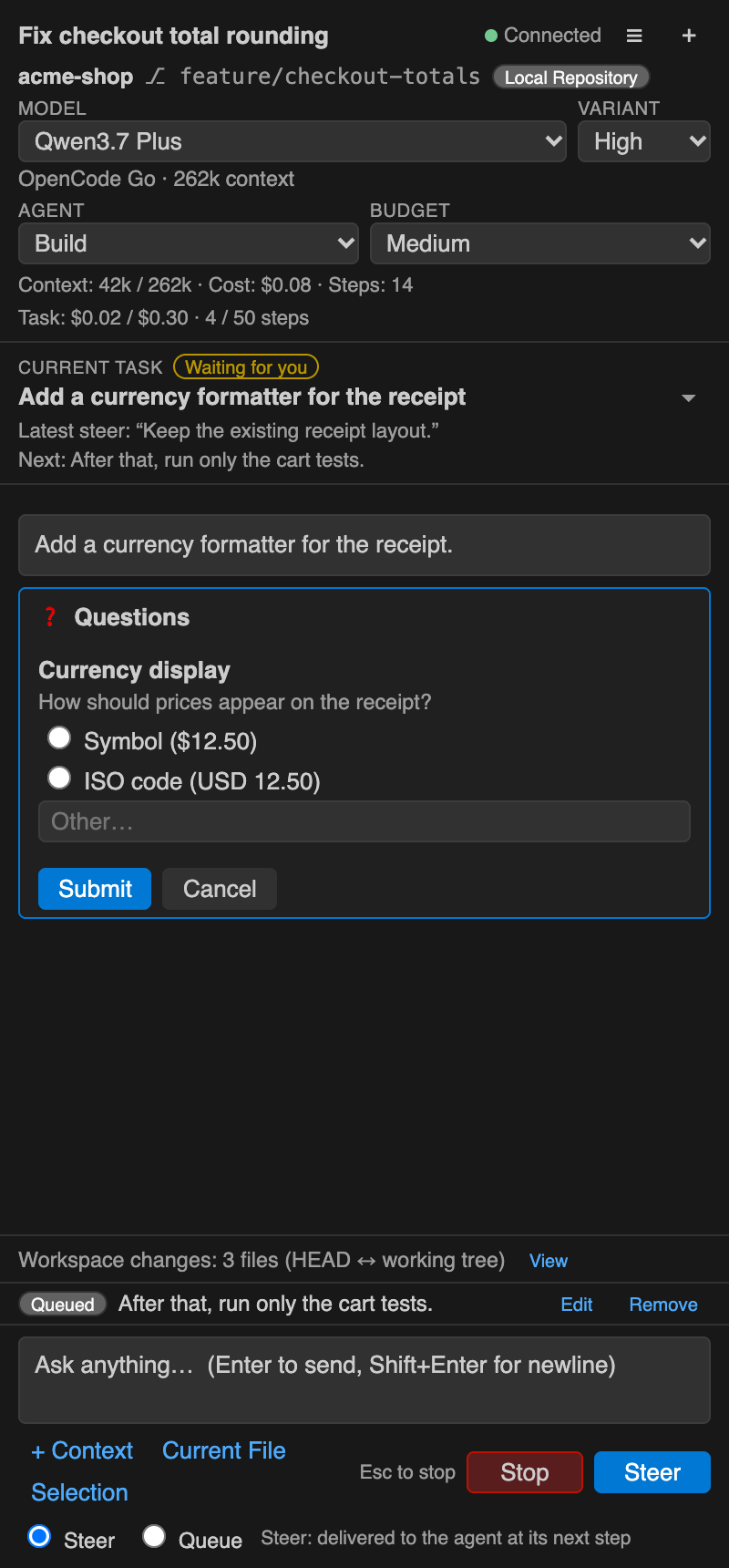 A question card, the latest steer and the next queued message under the Current Task